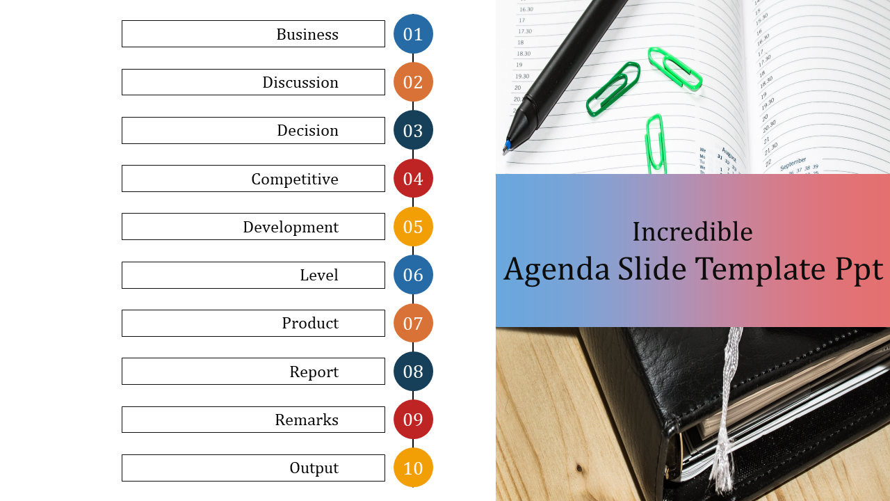 Colorful agenda list with numbered items alongside an office notebook and a pen.