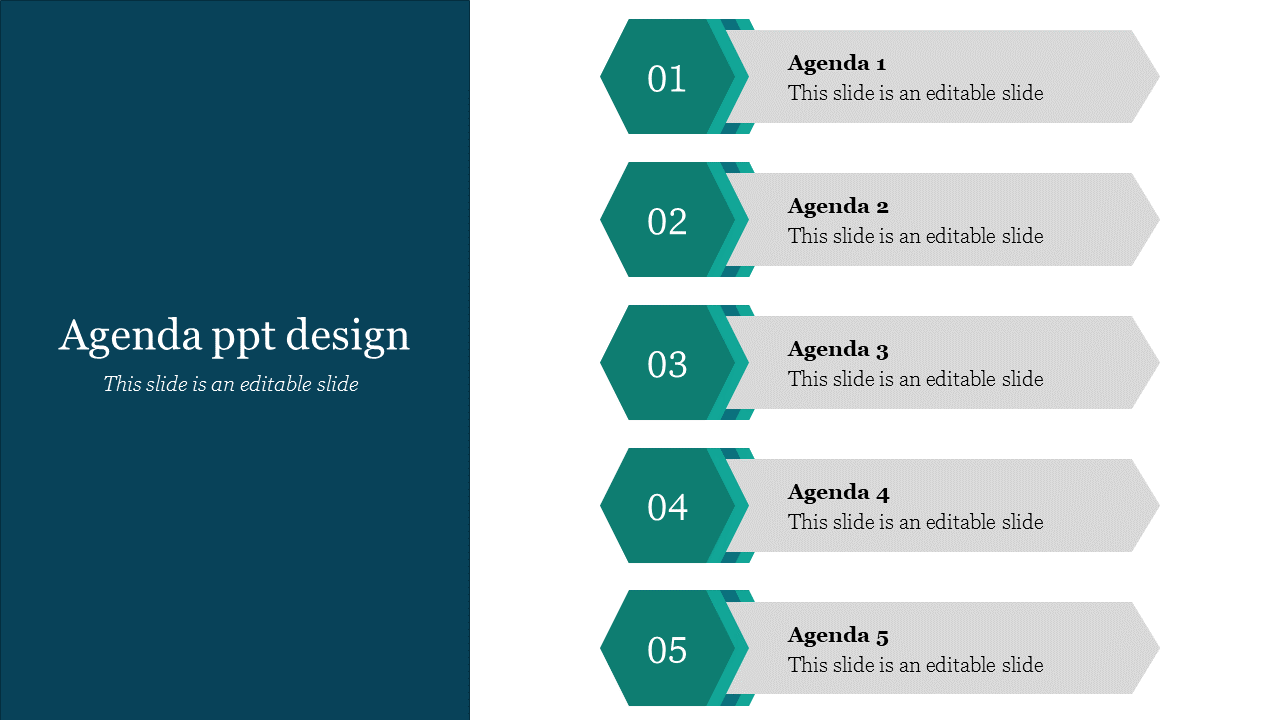 Slide with five numbered hexagons with text areas, on a dark teal to white gradient background.