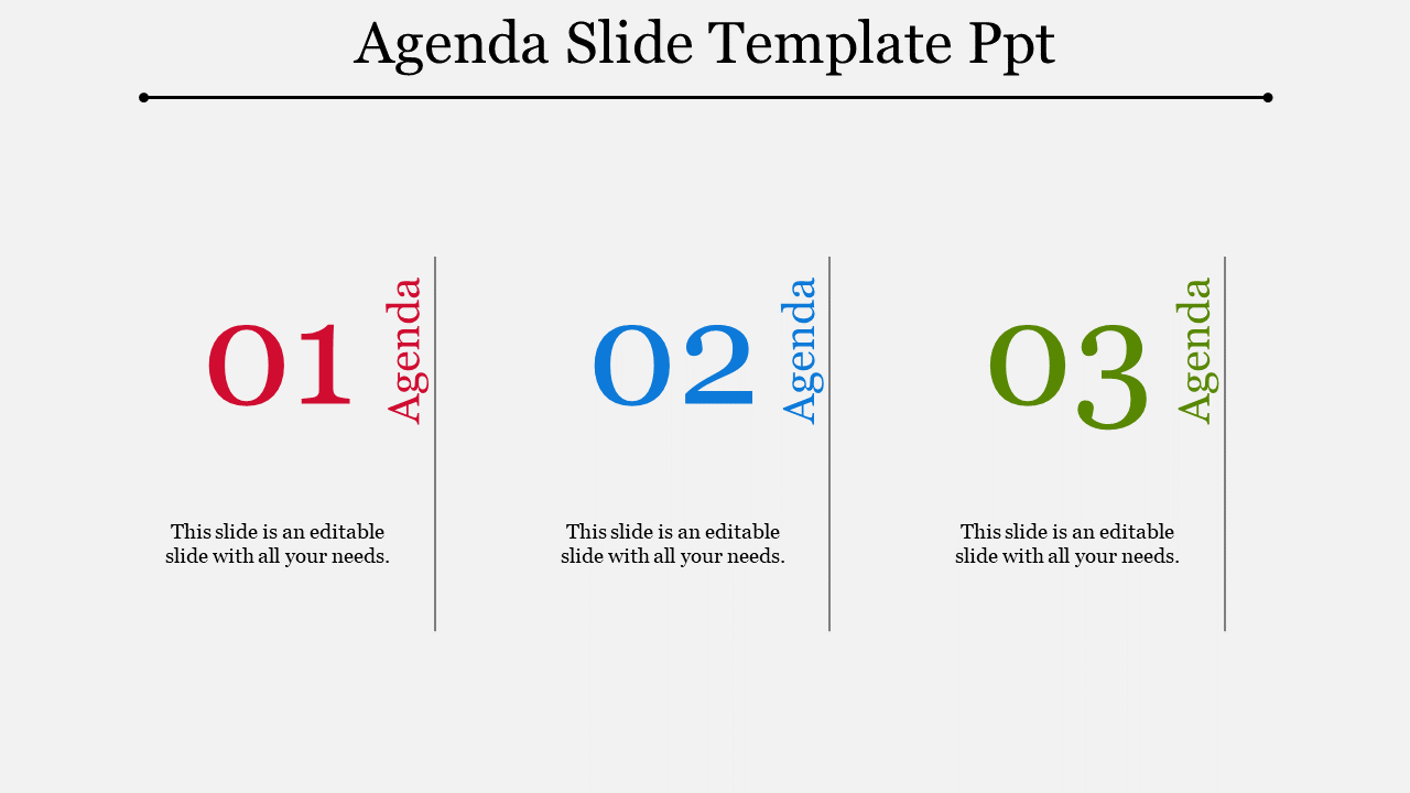 Three vertical columns with numbered agenda points in red, blue, and green against a clean white background.