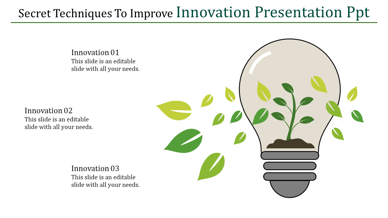 Illustration of a lightbulb with a growing plant and scattered green leaves, with three captions on the left.