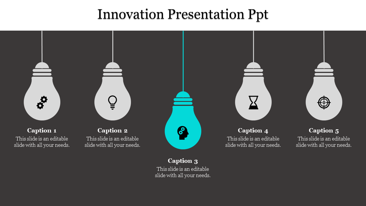 Innovation themed slide featuring five lightbulbs, each with an icon, with the central lightbulb illuminated in blue.