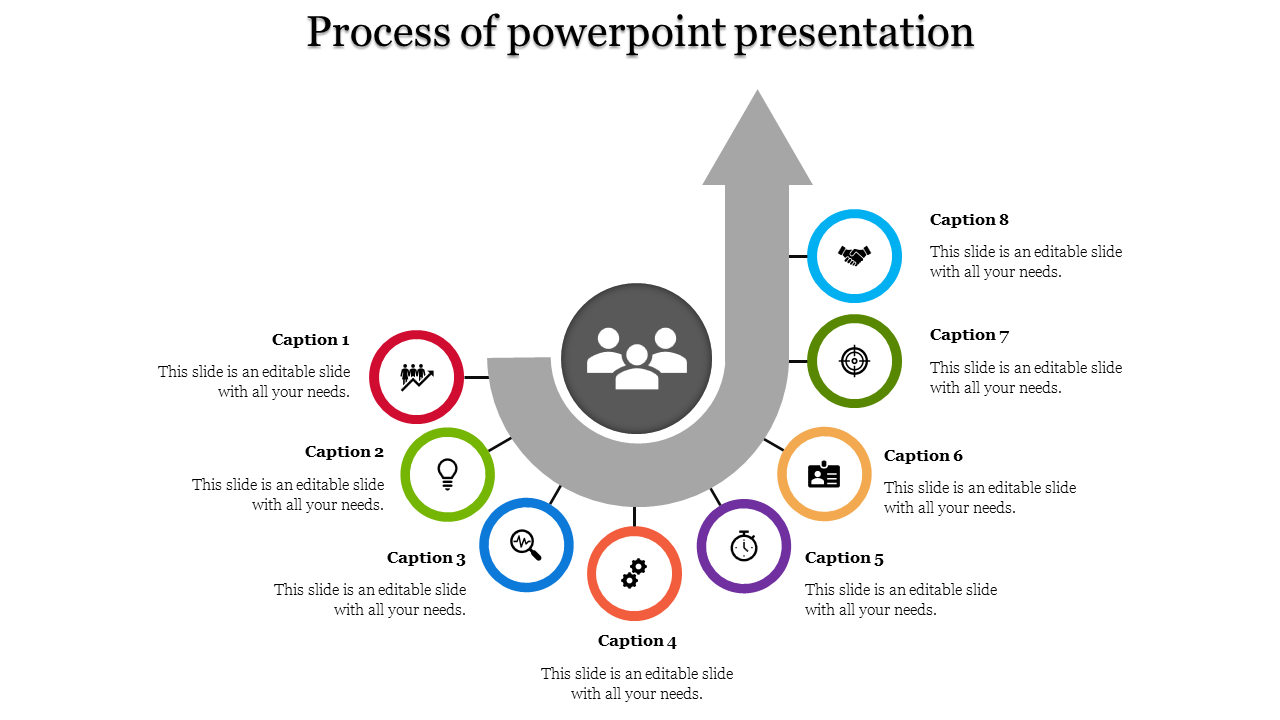 Process flow diagram with a large gray arrow pointing upward and eight multicolored circles displaying icons for business