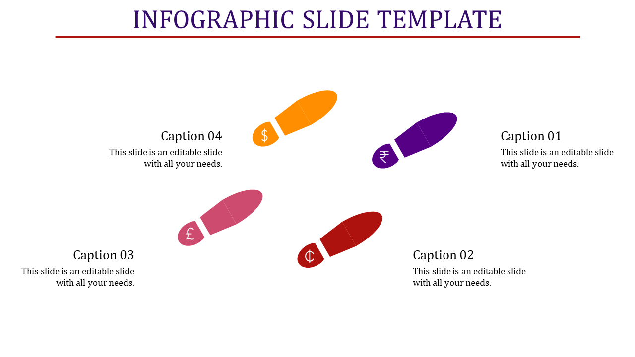 Infographic template displaying currency footprints, aligned diagonally with placeholdertext areas.