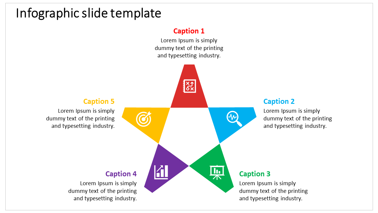 Infographic design with a central star divided into five parts, each containing an icon and caption in distinct colors.