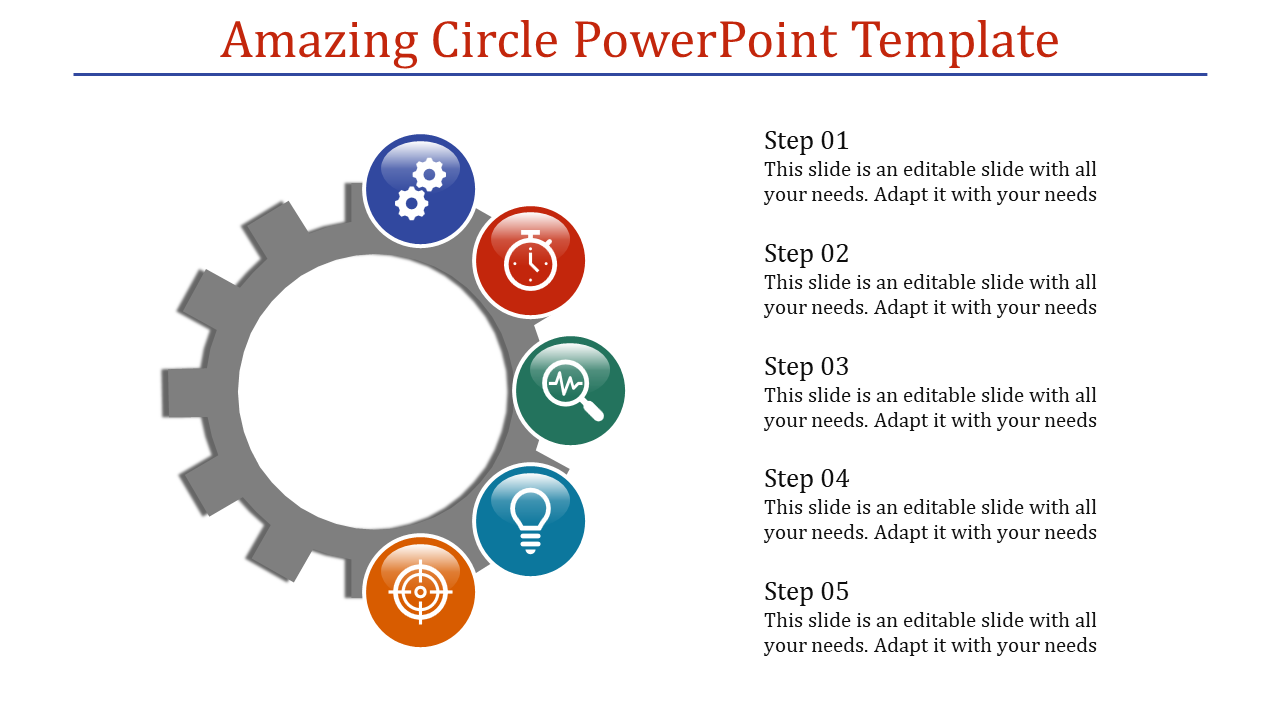 Colorful circle infographic in a gear shape for PowerPoint, illustrating five steps with icons.