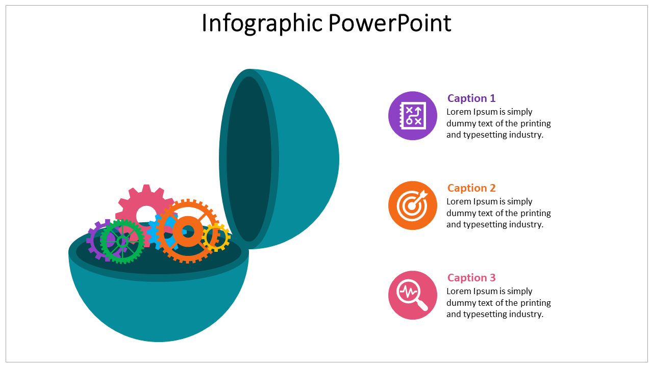 Slide featuring an open teal sphere with colorful gears and three captioned icons in purple, orange, and pink.