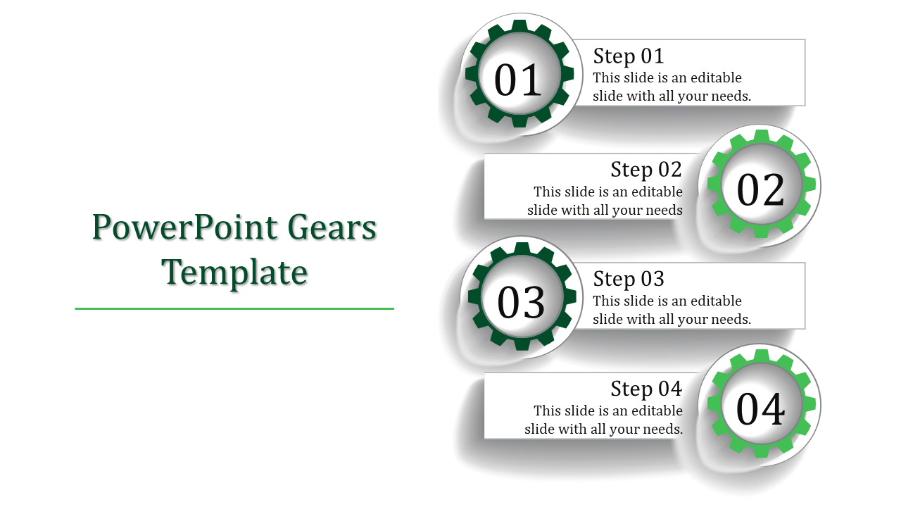 Four step PowerPoint template with green gears and captions for process presentation.