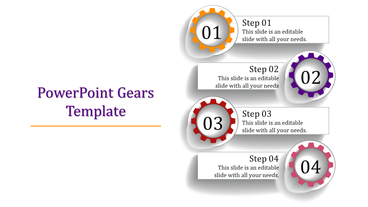 Gears PPT template with colorful gears representing steps in a process, numbered 01 to 04 with placeholder text.