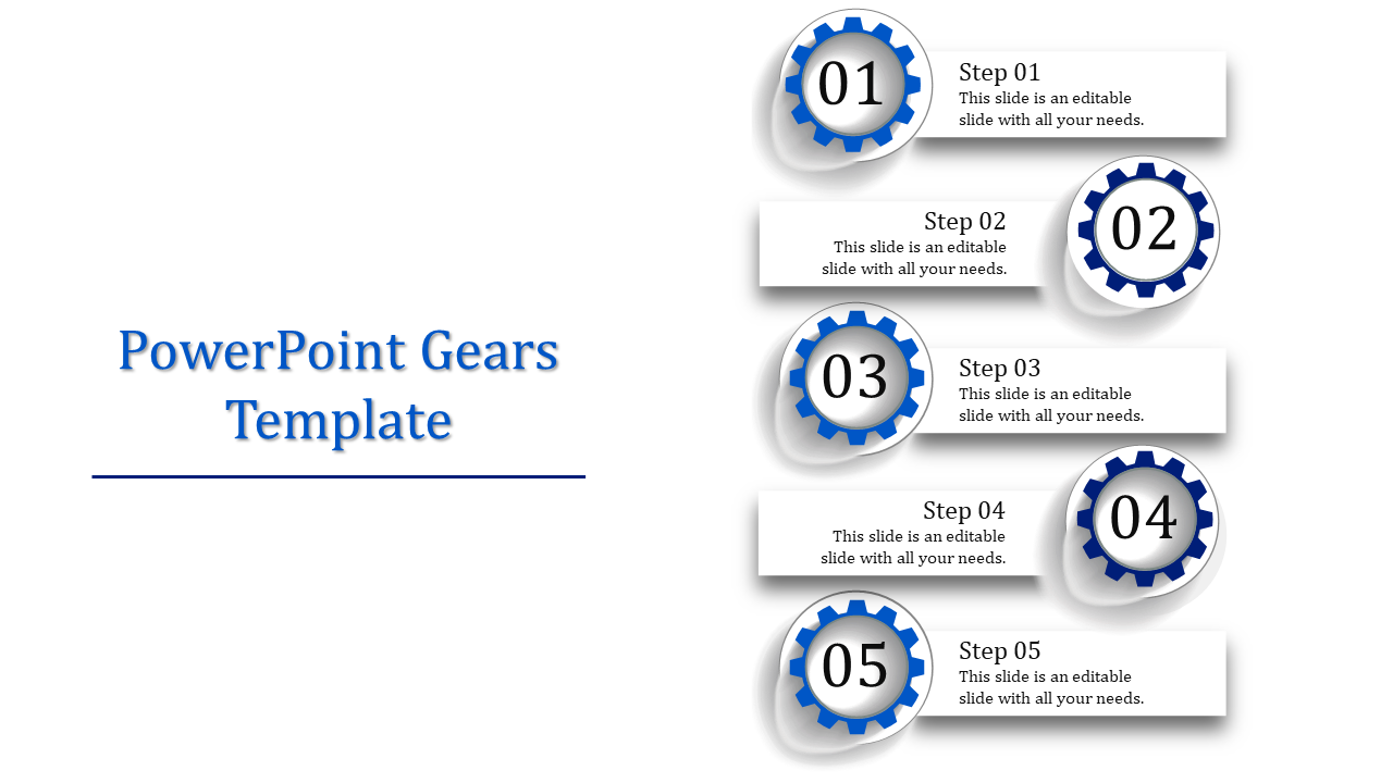 Gears-themed slide with numbered blue gears from 01 to 05, aligned with placehoder text areas for step details.