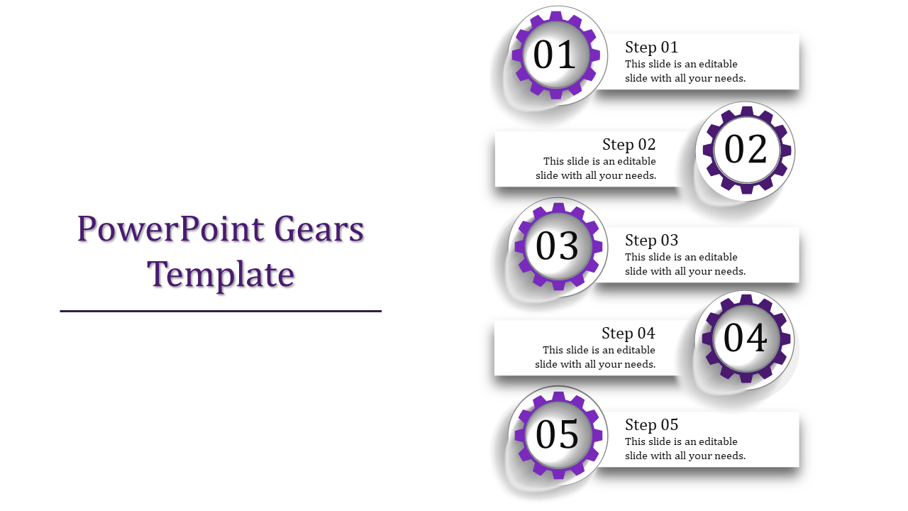 Vertical layout featuring five purple gear icons with steps numbered from 01 to 05, each paired with text.