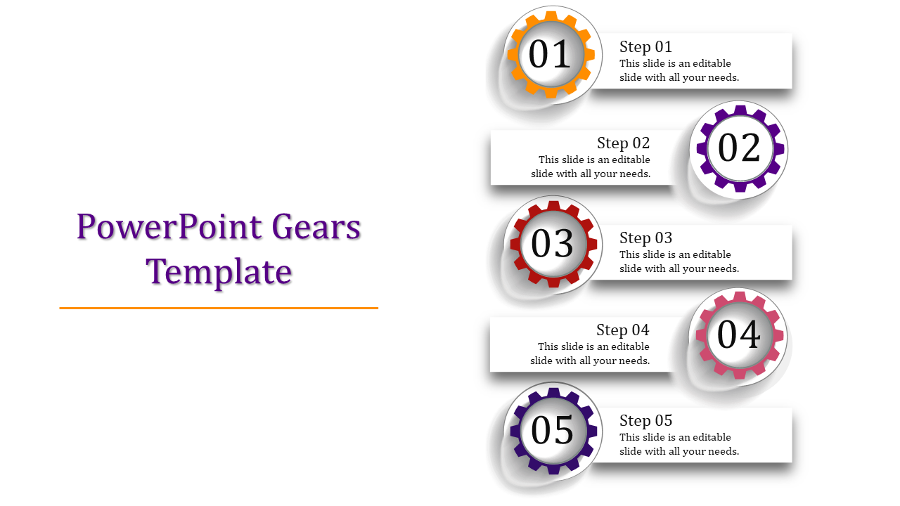 Slide with five gears in orange, purple, red, pink, and blue, numbered 01 to 05, each paired with a gray text box.