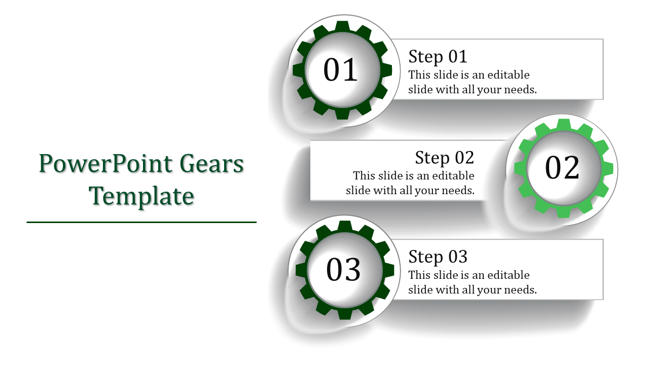 Gear themed PowerPoint template showcasing sequential steps with numbered captions.