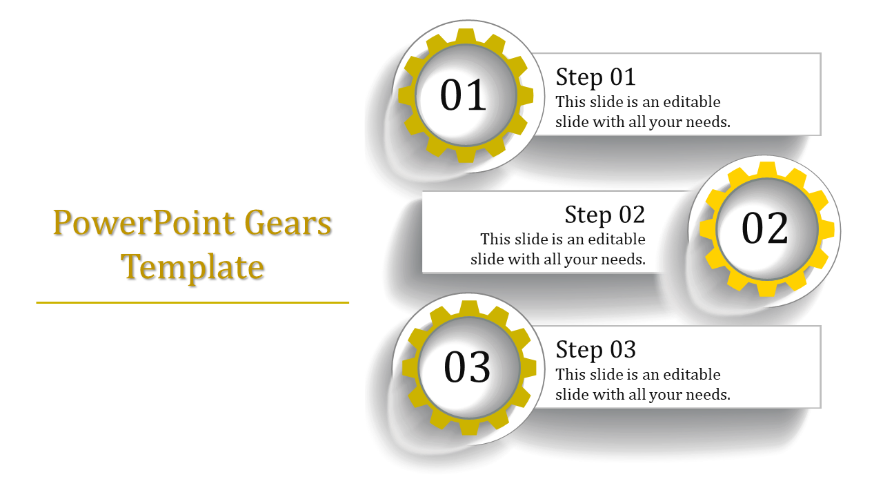 Gears-themed design displaying three yellow gears in a sequence, with numbered steps and caption areas.