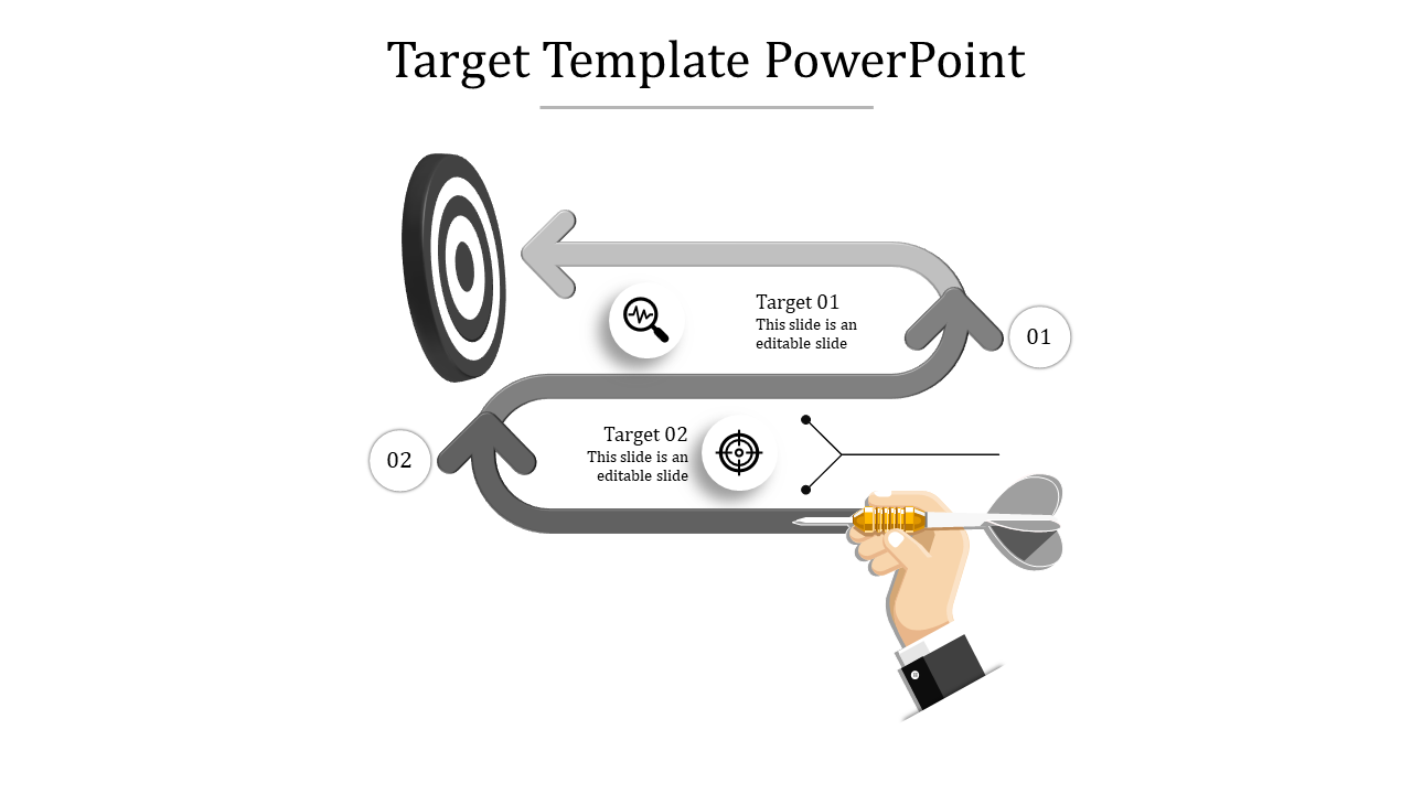 Black and white target PowerPoint slide with arrows and target sections with icons.