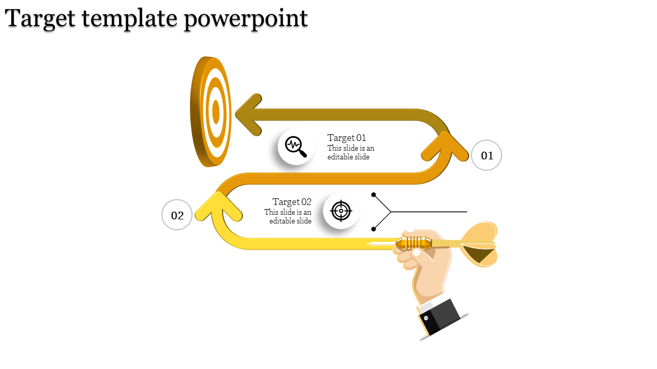 Infographic showing a dartboard, golden arrows, and a hand holding a dart, emphasizing target achievement sections.