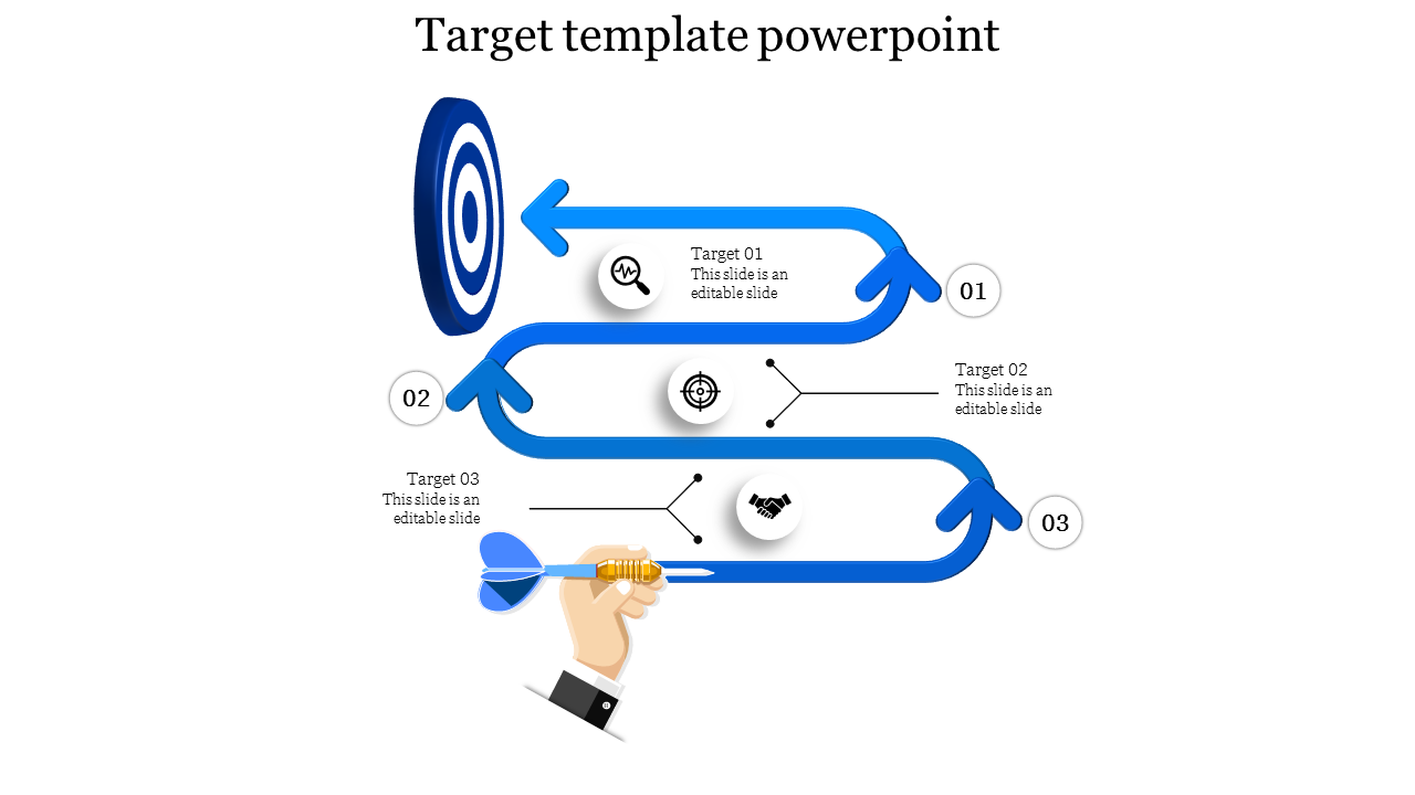 Target themed PowerPoint template with blue arrows and sections for text with icons.