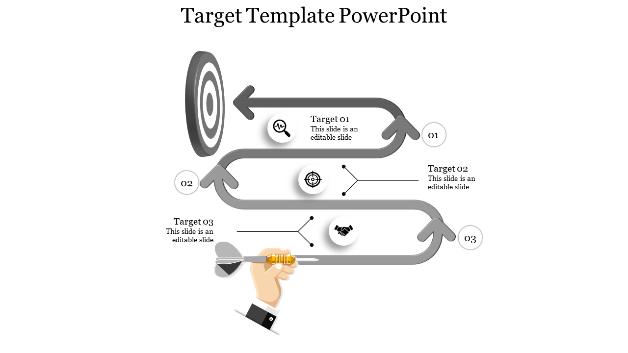 Target template with a dartboard, curved arrows, numbered sections, and icons for analytics, targeting, and collaboration.