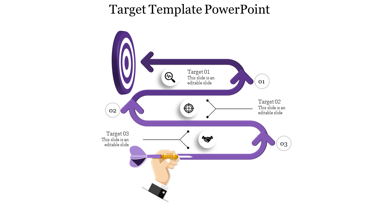 Purple themed target PowerPoint slide with three sections and a dart design with icons.