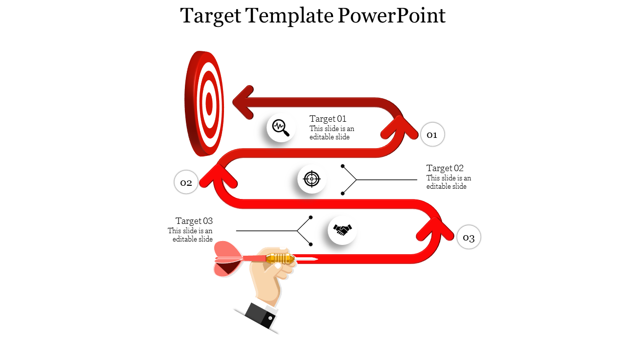 A red arrow path connecting three steps with circular icons, leading to a bullseye target on a white background.