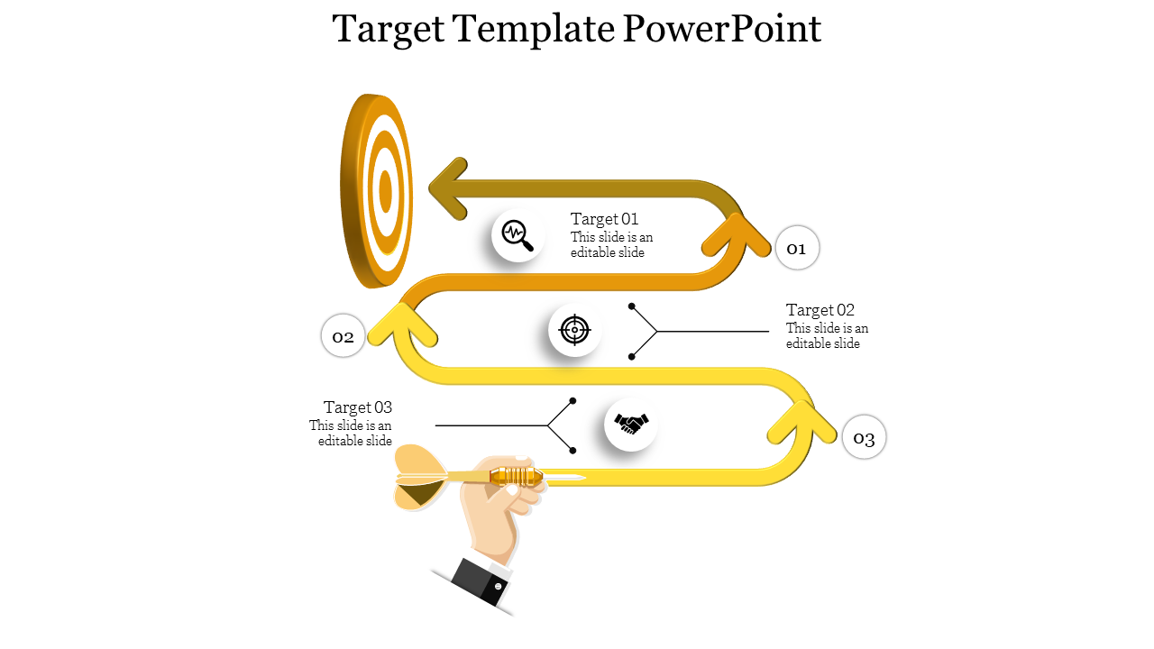 Yellow themed target PowerPoint template with three sections and a dart graphic.