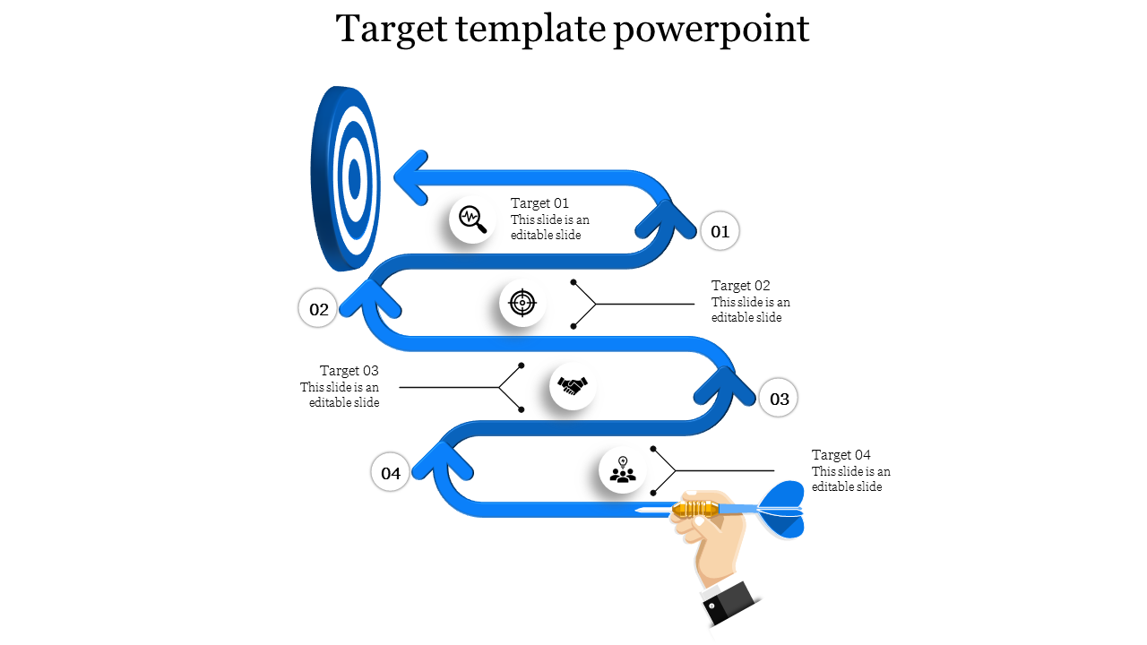 Target themed slide with four numbered steps, arrows, and icons like magnifying glass, target, handshake, and group.