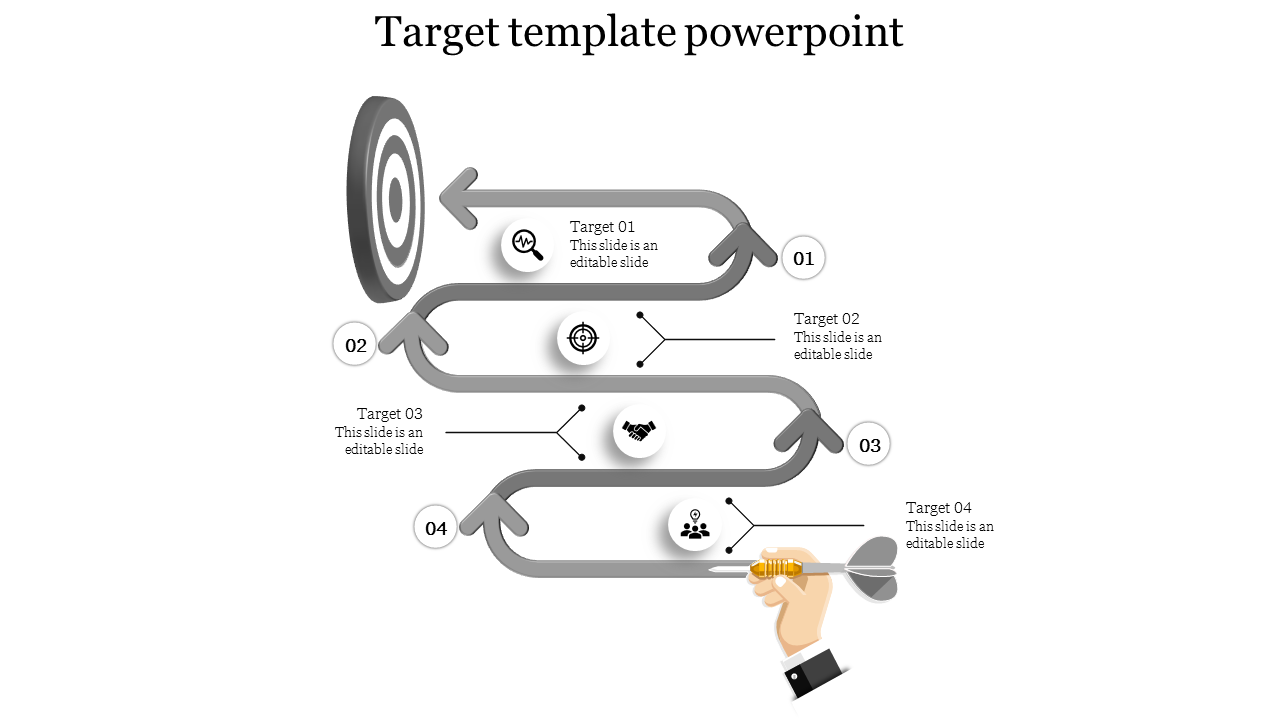 Target template with a gray arrow winding through four steps, ending at a bullseye, with four icons and labels.