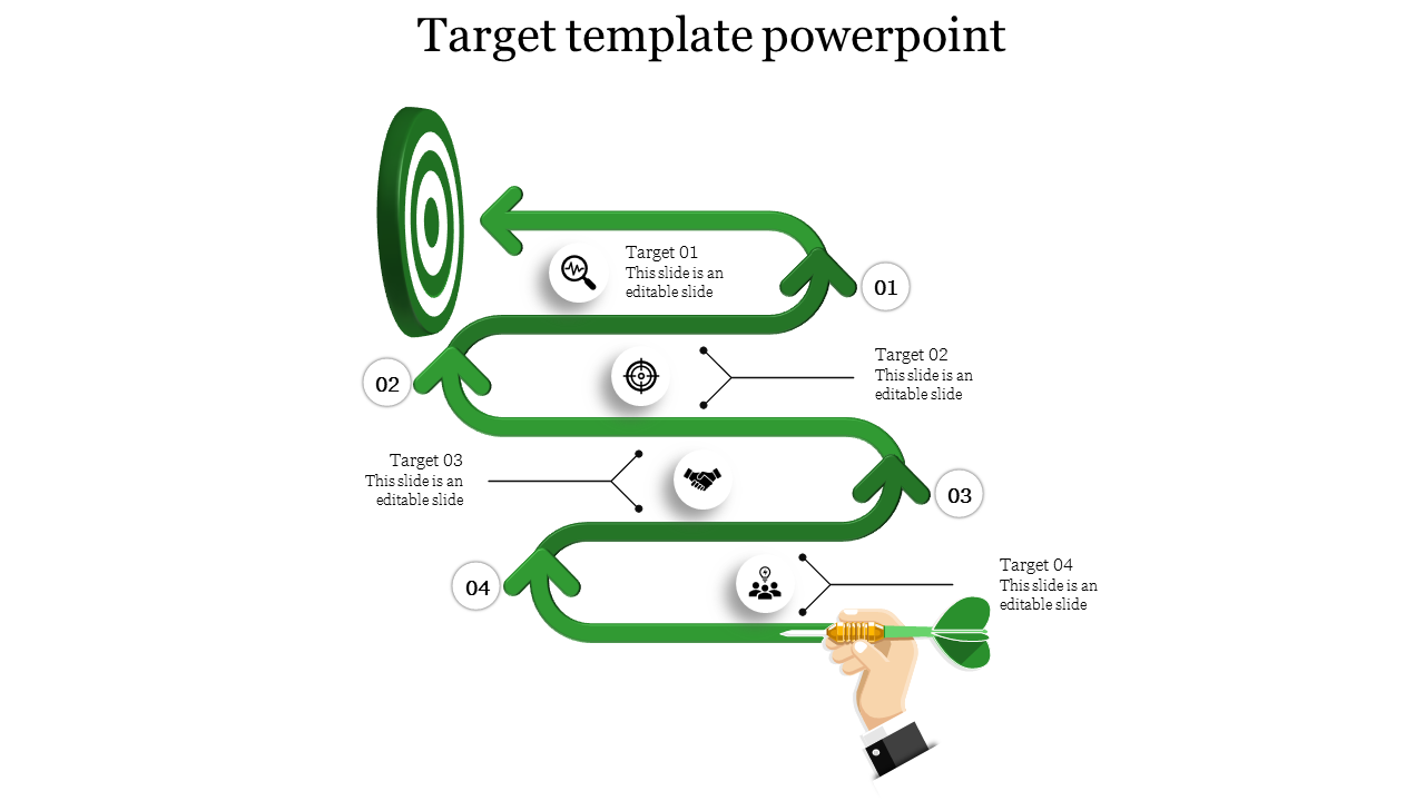 Target template PowerPoint with green arrows leading to four sections, featuring green icons and a dart.