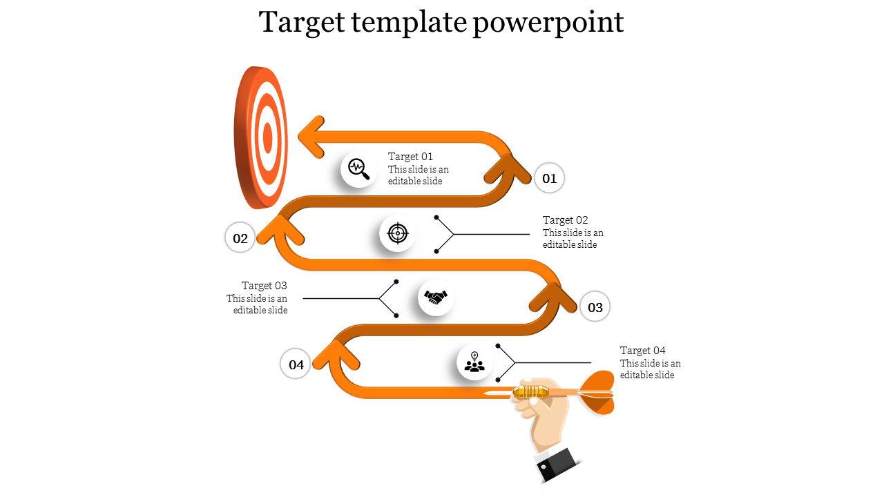 Target design with four orange arrows, numbered steps, and icons like a magnifying glass, target, handshake, and group.