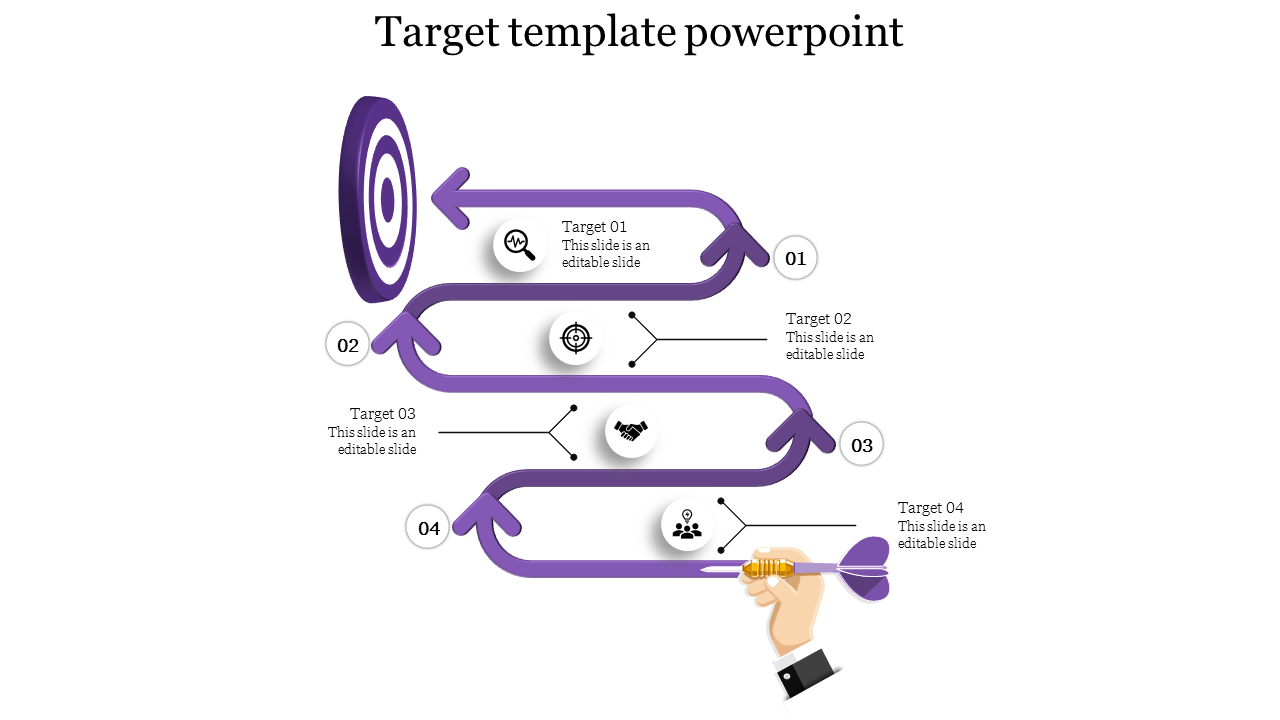 Target design with four purple arrows, numbered steps, and icons like a magnifying glass, target, handshake, and group.