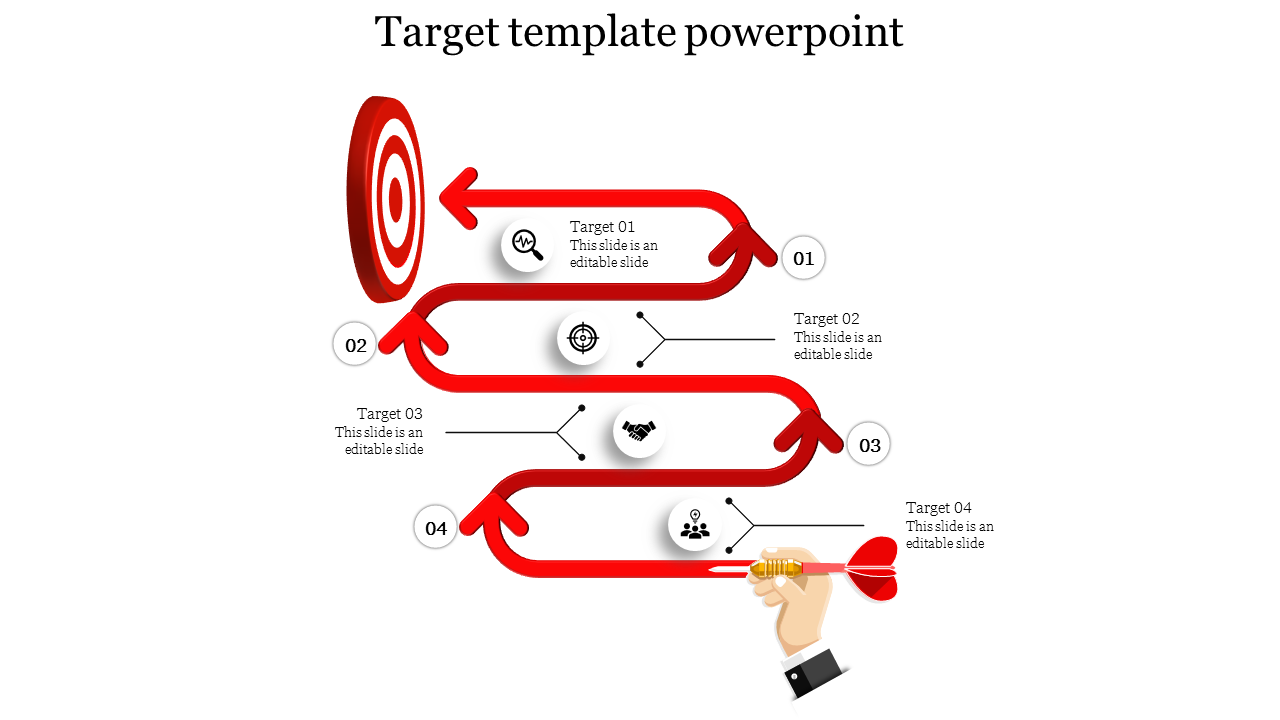 Target template with a red arrow winding through four steps, ending at a bullseye, with four icons and labels.