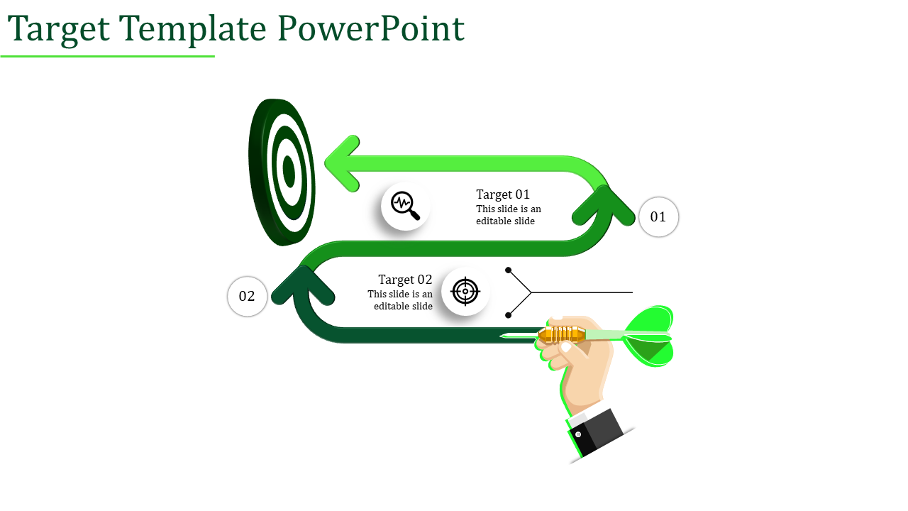 A green arrow path connecting two steps with circular icons, leading to a bullseye target on a white background.