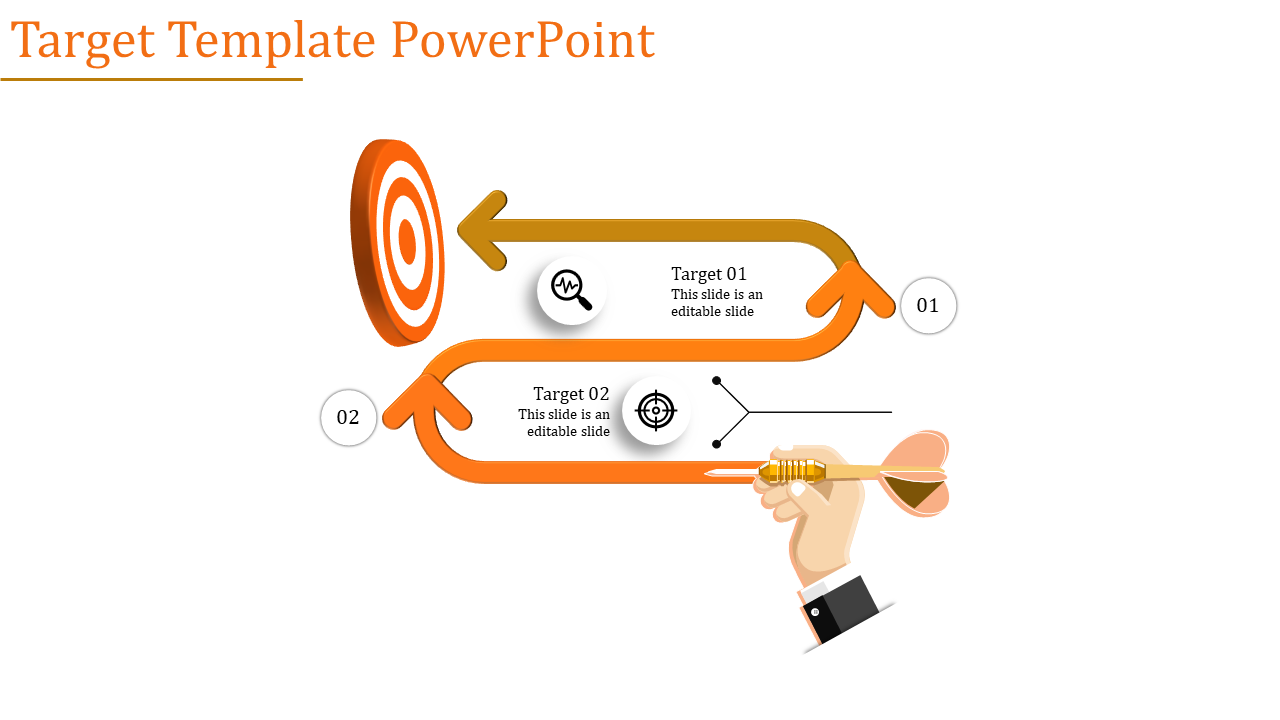 Orange target infographic with circular arrows pointing at a target board, showing target 01 and target 02 sections.