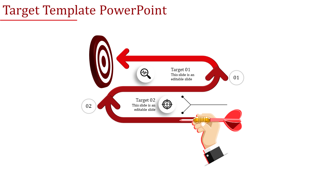 Red target PowerPoint slide with arrows and target sections with icons and placeholder text.