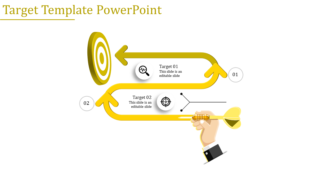 A yellow arrow path connecting two steps with circular icons, leading to a bullseye target on a white background.