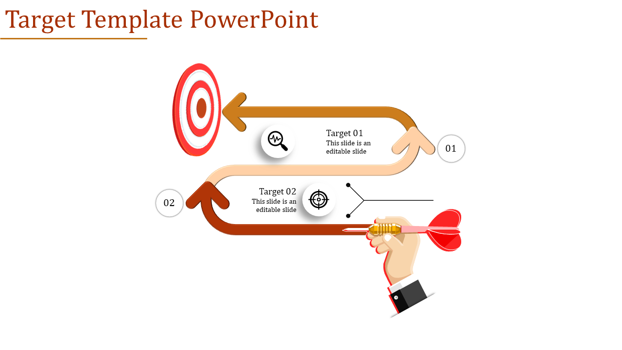 PowerPoint slide with a target design and arrows, featuring two target sections with icons.