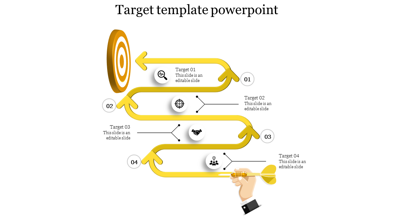 Target PowerPoint slide with yellow arrows and icons leading to four sections, featuring a dart.