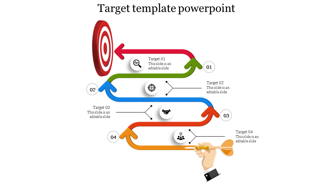 Colorful target PowerPoint slide with four sections, each having a label and arrow design.