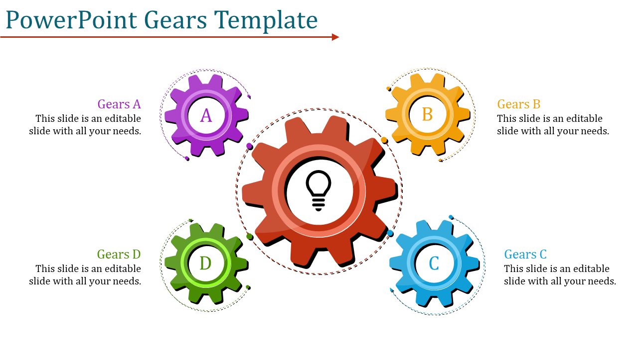 Five colorful gears with a central red, surrounding purple, yellow, green, and blue arranged in a circular pattern.