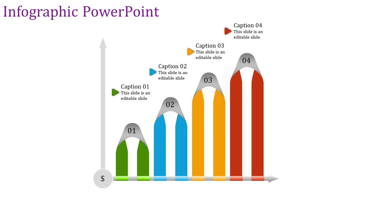 Bar chart with four vertical colored columns in green, blue, yellow, and red, with gray tops and captions above.