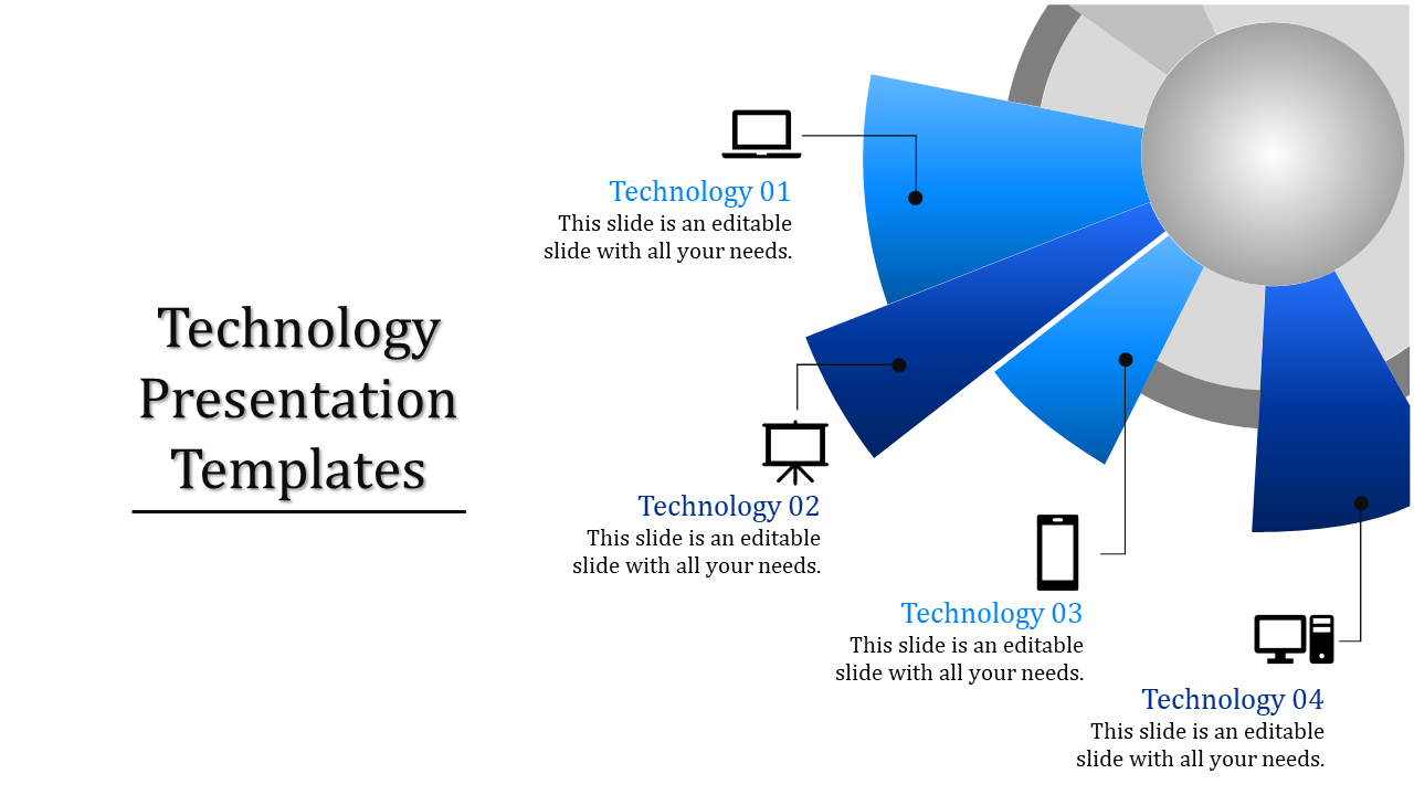 Slide with four blue segmented arcs pointing to icons representing various technology devices on white background.