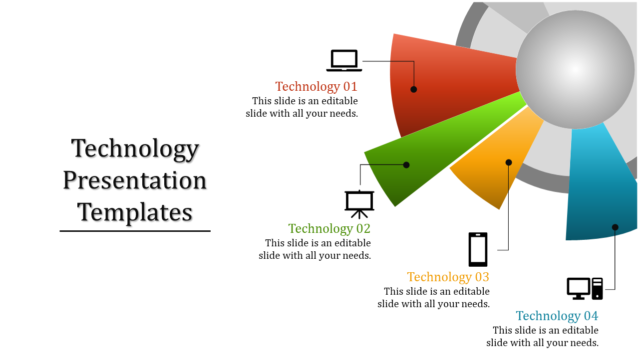 Technology-themed infographic featuring a segmented circle in vibrant colors, each segment linked to icons.