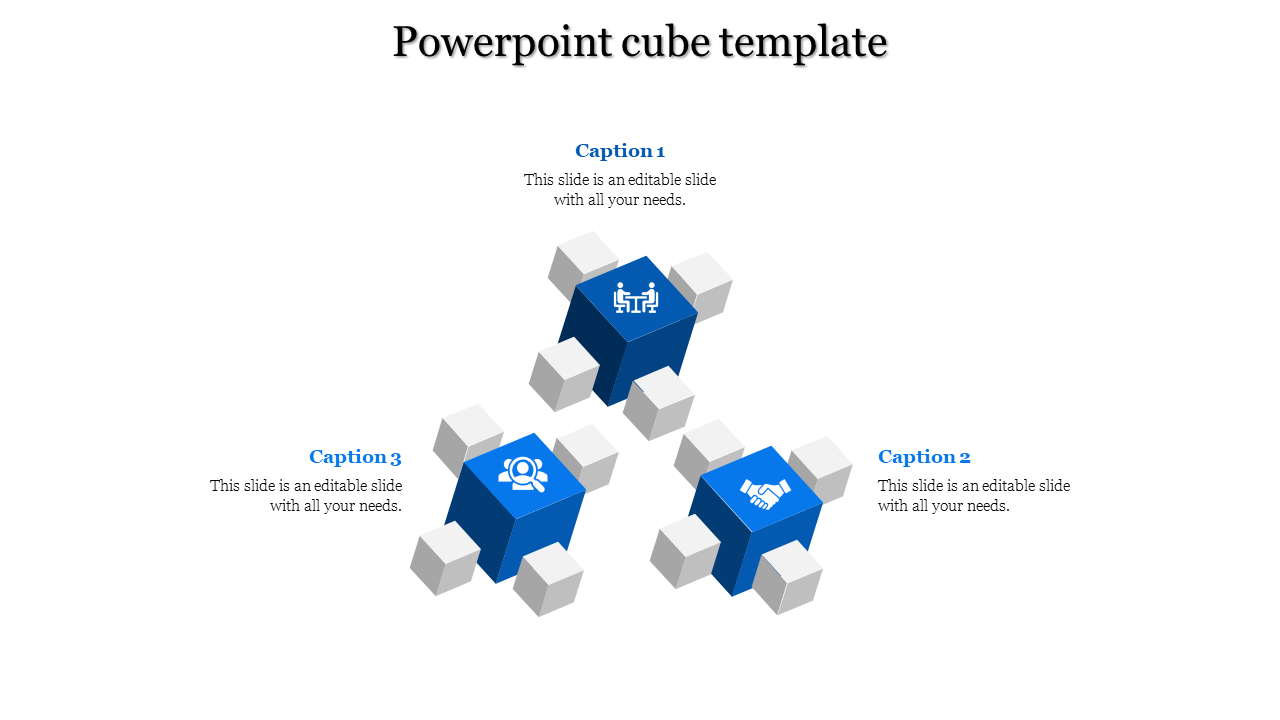 Blue 3D infographic with three labeled cubes, each adorned with relevant icons, and smaller white cubes.