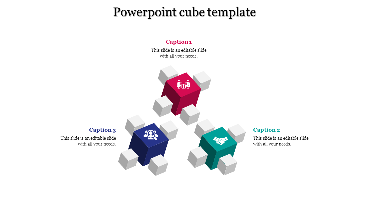 A PowerPoint template showcasing cubes with sections featuring icons for teamwork, collaboration, and partnerships.