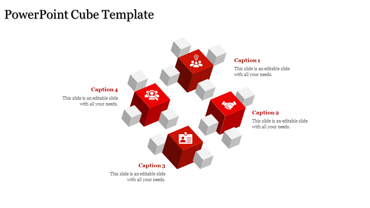 A cube PPT template with red cubes displaying business icons and captions for each section.