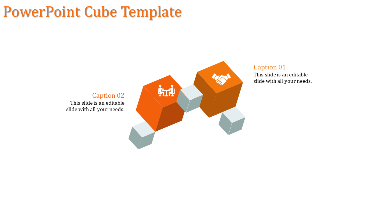 Linked 3D cubes with orange business-themed icons and gray connectors on a white background.