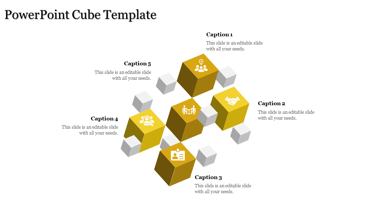 Yellow and gray 3D cubes arranged in a dynamic layout with icons and five captions on a white background.