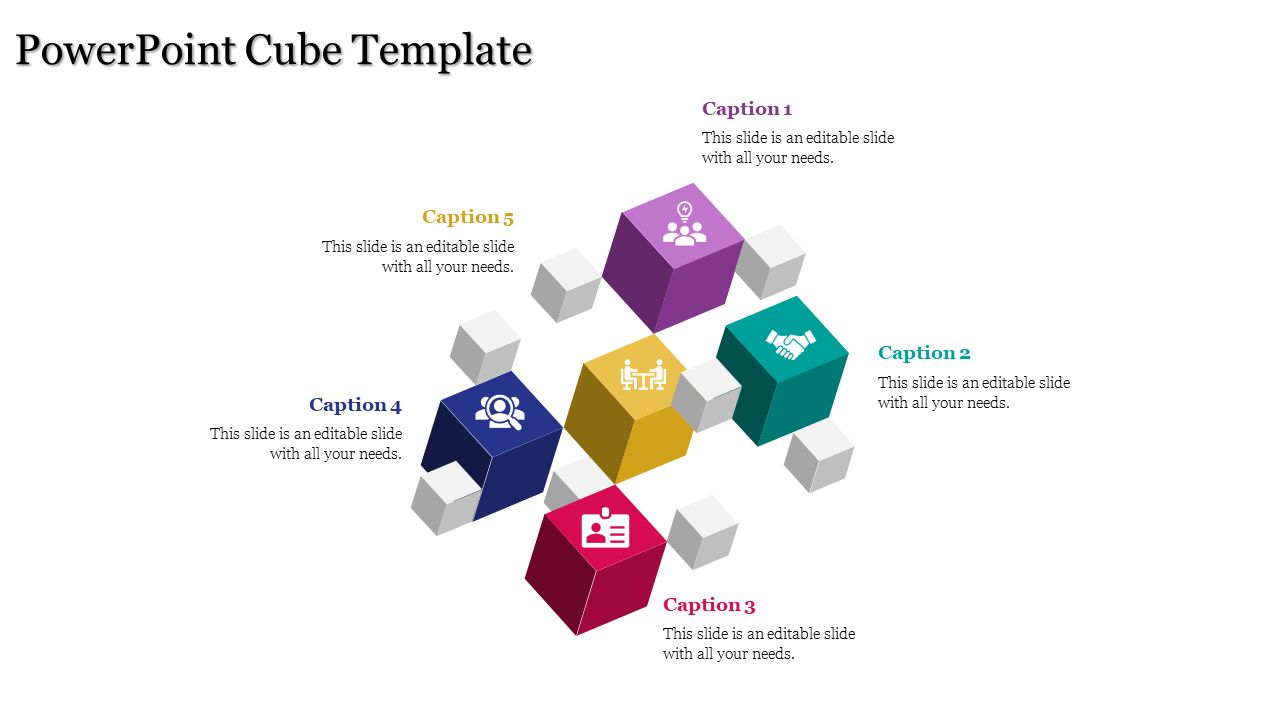 Vibrant cube layout in purple, yellow, teal, blue, and red, highlighting captions and icons arranged in a 3D layout.