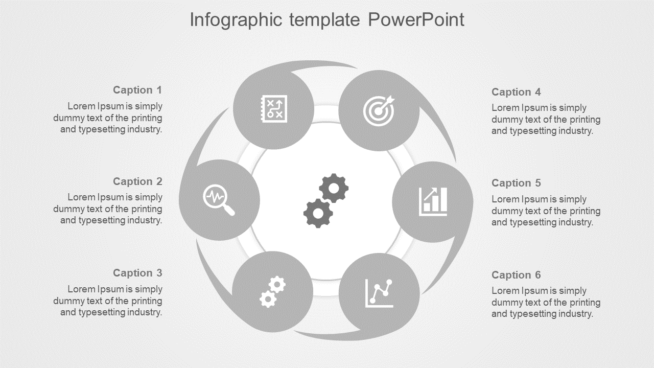 Monochrome diagram featuring six labeled sections with gray circles and icons, encircling a gear symbol in the center.