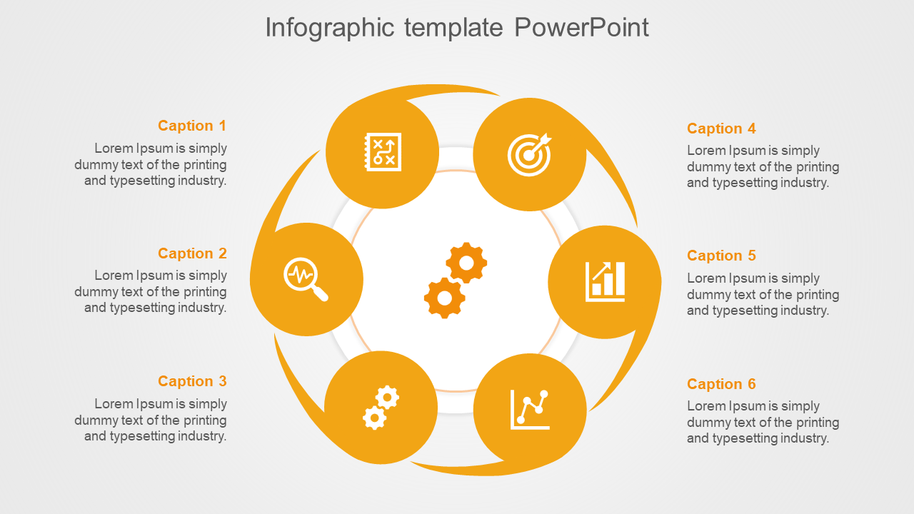 Circular infographic template with orange icons and captions, highlighting six steps of a process.