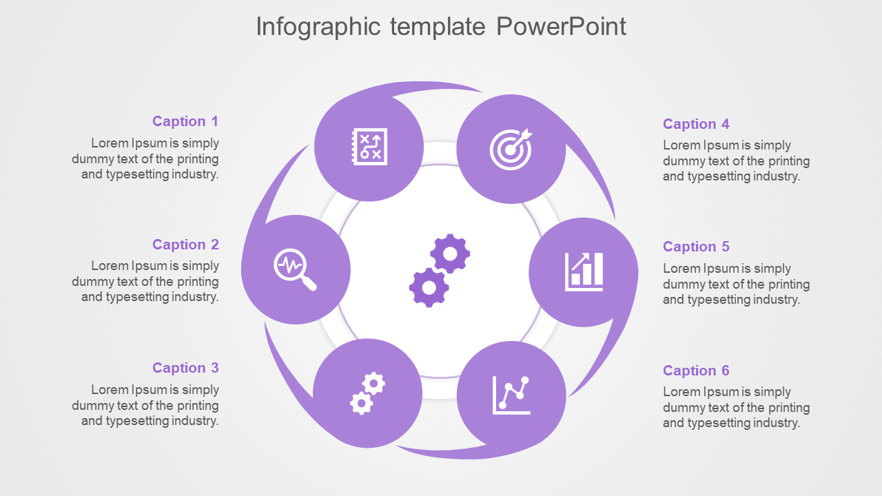 Purple circular infographic template displaying six labeled sections with icons surrounding a gear symbol in the center.